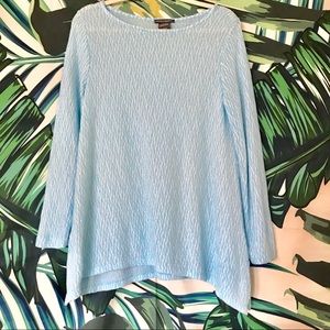 Chelsea and Theodore White and Sky Blue Sweater